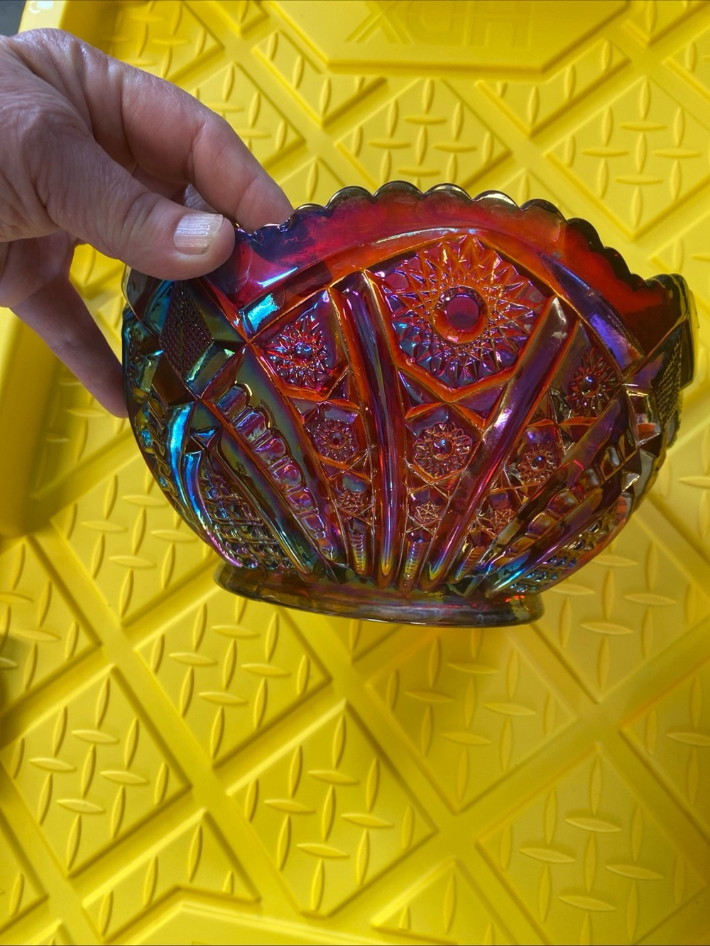 Iridescent Red Multi Carnival Glass Decorative Bowl